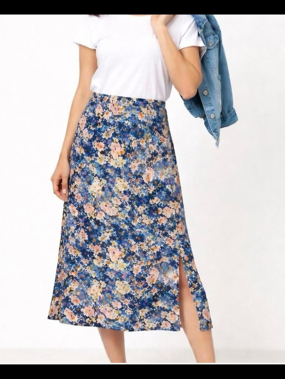 LOFT Silky Floral Blue Midi Skirt with Side Slit
